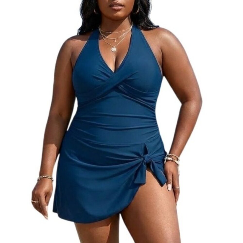 Blooming Jelly Plus Size 4XL One-Piece Swimsuit Ruched Blue Adjustable Back